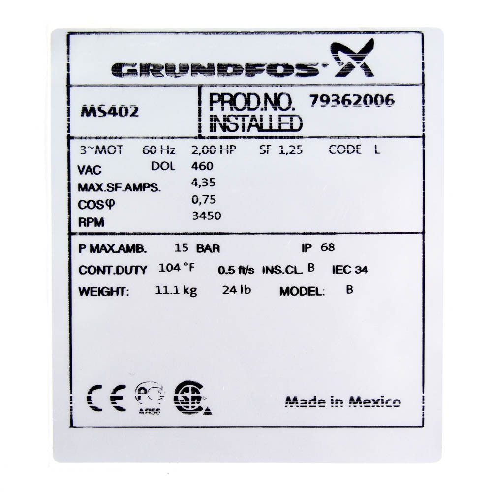 GRUNDFOS MS402 79362006 Submersible Motor 2 HP 460V 4