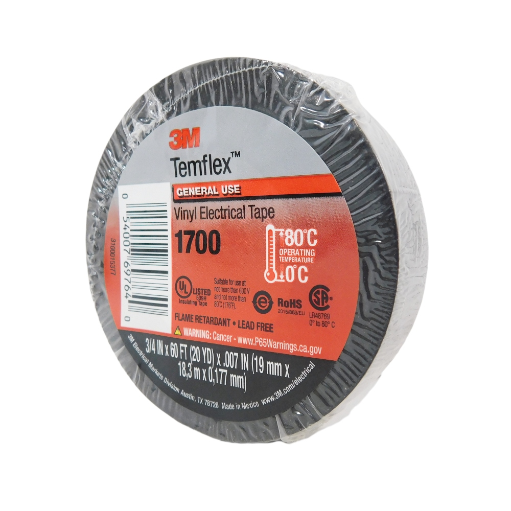 3M TEMFLEX 1700 BLACK ELECTRICAL TAPE 3/4" x 60 FT INSULATED 2 ROLLS 