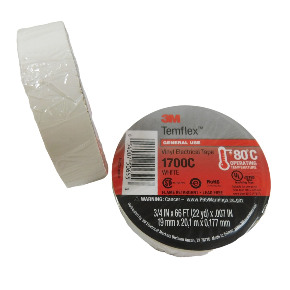 1700C WHITE Temflex Vinyl Electrical Tape White 3/4" x 66' Lot of 3 rolls 3M 